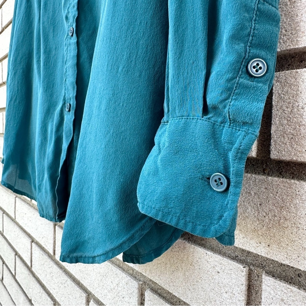 Vintage Moda International 100% Silk Teal Button Down Shirt Blouse Long Sleeve S - Picture 4 of 9